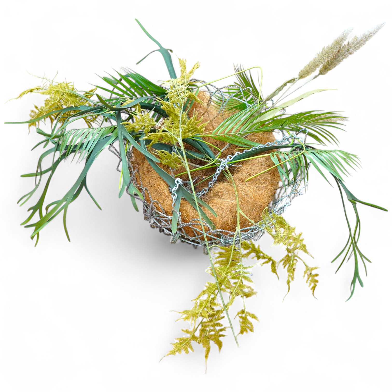 A large wire work hanging basket and decorative faux foliage, 50cm wide